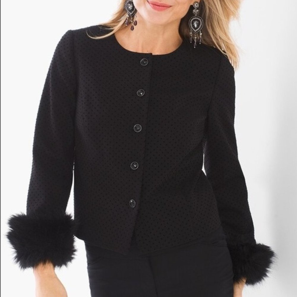 Chico's Ponte Faux Fur Cuff Black Textured Jacket